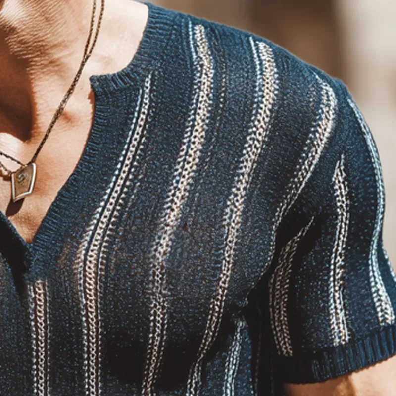 Men's Summer Vertical Striped V-Neck Knitted Short-Sleeved T-Shirt MTA0919G6U sold by Manly product image thumbnail 3