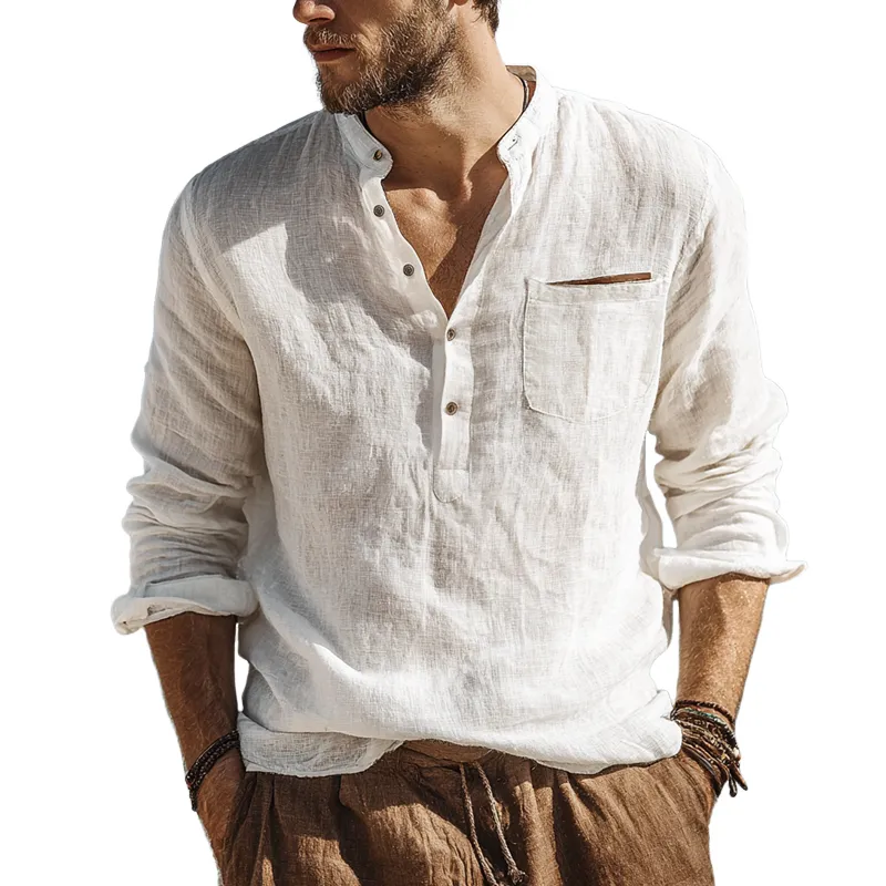 Men's Solid Color Cotton And Linen Henley Collar Long Sleeve Shirt MTA1026G7Z sold by Manly