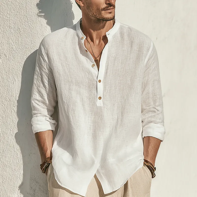 Men's Solid Color Cotton And Linen Henley Collar Long Sleeve Shirt MTA1017G0Z sold by Manly product image thumbnail 2