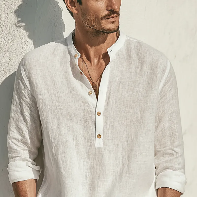 Men's Solid Color Cotton And Linen Henley Collar Long Sleeve Shirt MTA1017G0Z sold by Manly product image thumbnail 3