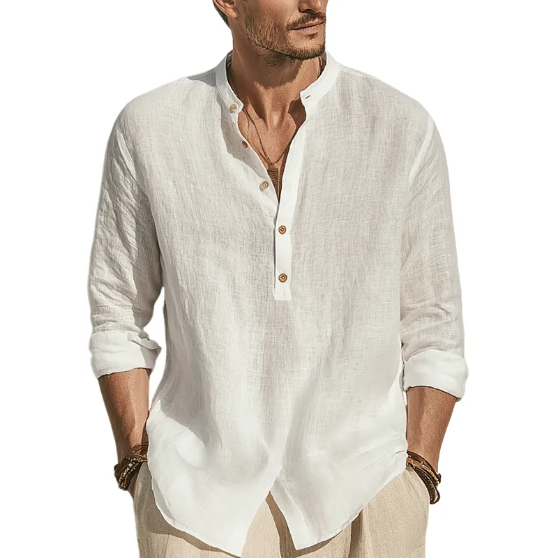 Men's Solid Color Cotton And Linen Henley Collar Long Sleeve Shirt MTA1017G0Z sold by Manly