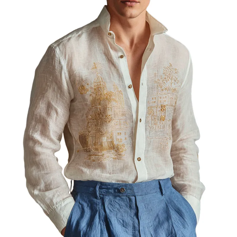 Men's Vintage Print Cotton And Linen Stand Collar Long Sleeve Shirt MTA1065G5Z sold by Manly