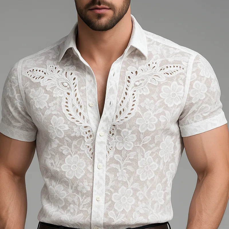 Men's Floral Jacquard Lapel Short Sleeve Shirt MTA0940G8Z sold by Manly product image thumbnail 3