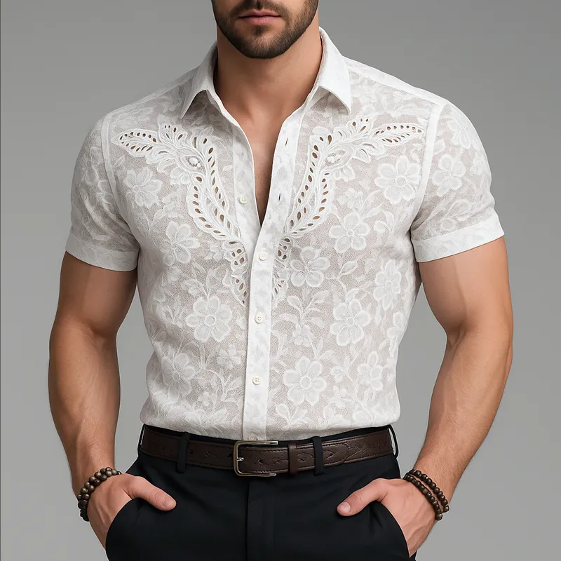 Men's Floral Jacquard Lapel Short Sleeve Shirt MTA0940G8Z sold by Manly product image thumbnail 2