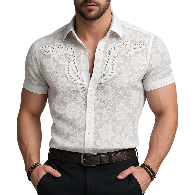Men's Floral Jacquard Lapel Short Sleeve Shirt MTA0940G8Z sold by Manly