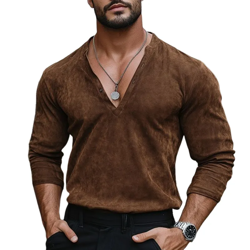 Men's Solid Suede V Neck Long Sleeve T-shirt MTA0928G3Z sold by Manly