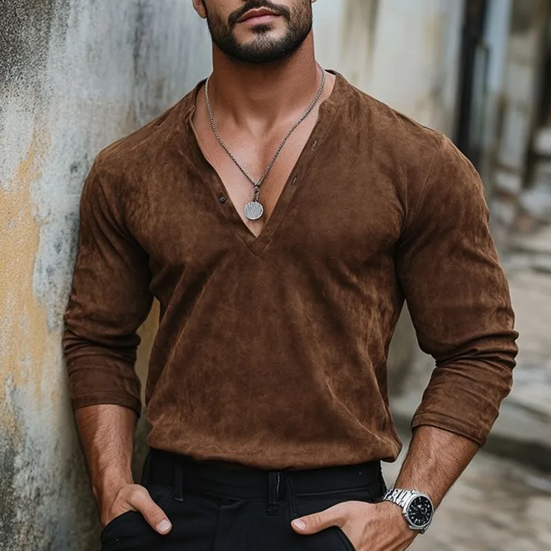Men's Solid Suede V Neck Long Sleeve T-shirt MTA0928G3Z sold by Manly product image thumbnail 2