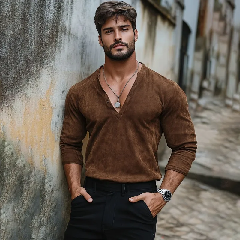 Men's Solid Suede V Neck Long Sleeve T-shirt MTA0928G3Z sold by Manly product image thumbnail 3