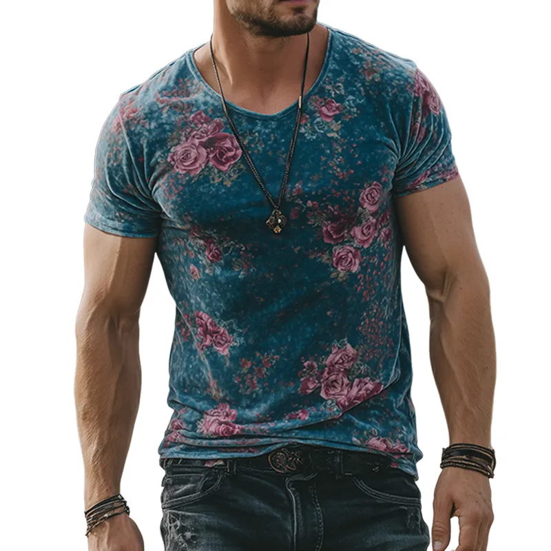 Men's Retro Casual Rose Print Velvet Round Neck Short Sleeve T-Shirt MTA1052G2TO sold by Manly