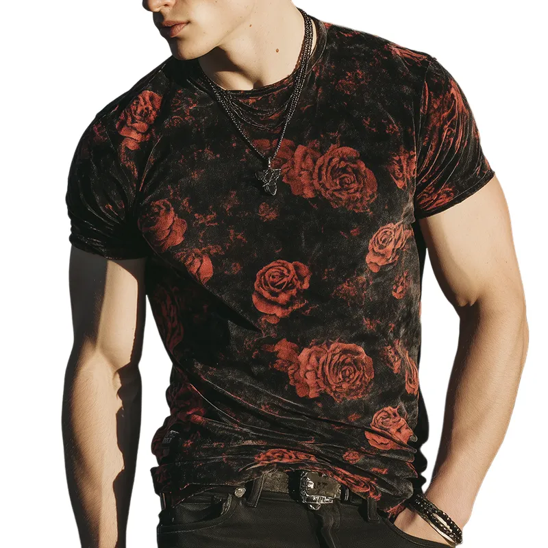 Men's Retro Casual Rose Print Velvet Round Neck Short Sleeve T-Shirt MTA1047G0TO sold by Manly