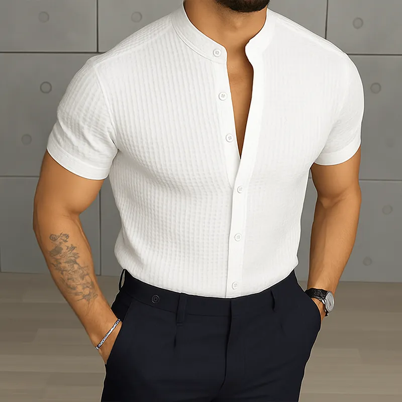 Men's Retro Casual Solid Color Waffle Stand Collar Short Sleeve Shirt MTA1082G1TO sold by Manly product image thumbnail 4