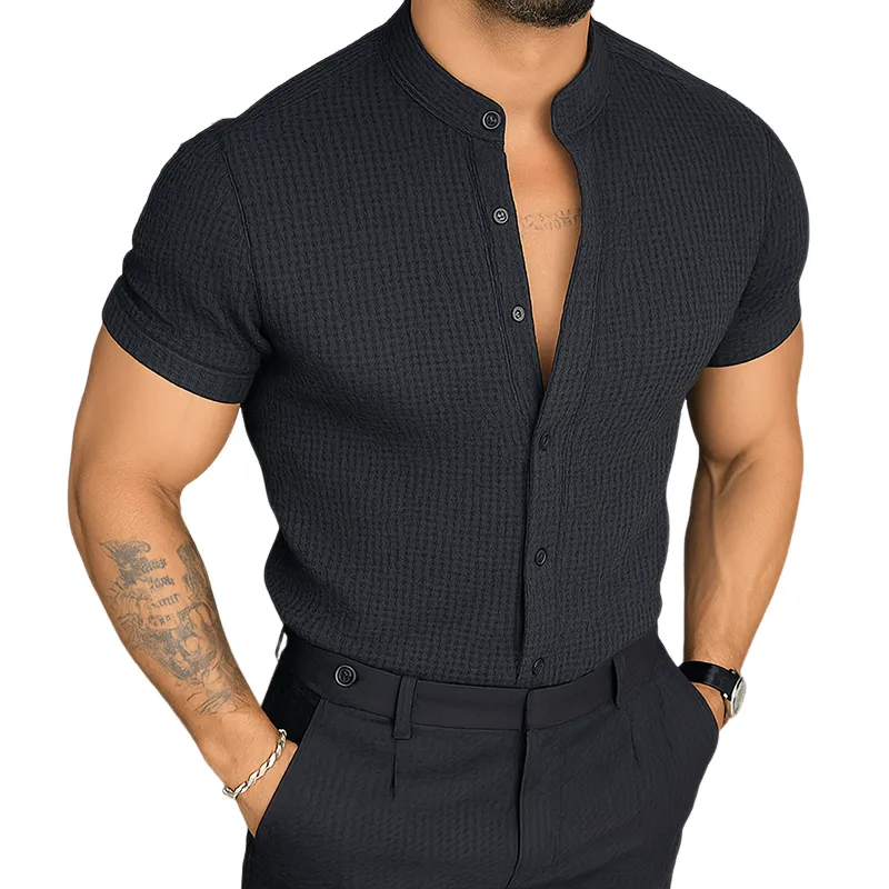 Men's Retro Casual Solid Color Waffle Stand Collar Short Sleeve Shirt MTA1082G1TO sold by Manly