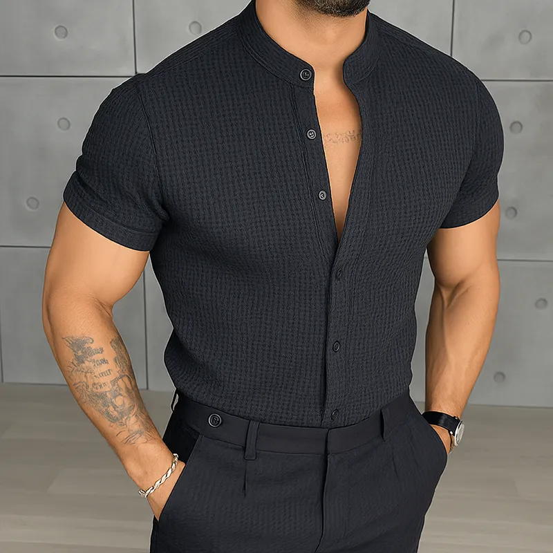 Men's Retro Casual Solid Color Waffle Stand Collar Short Sleeve Shirt MTA1082G1TO sold by Manly product image thumbnail 3