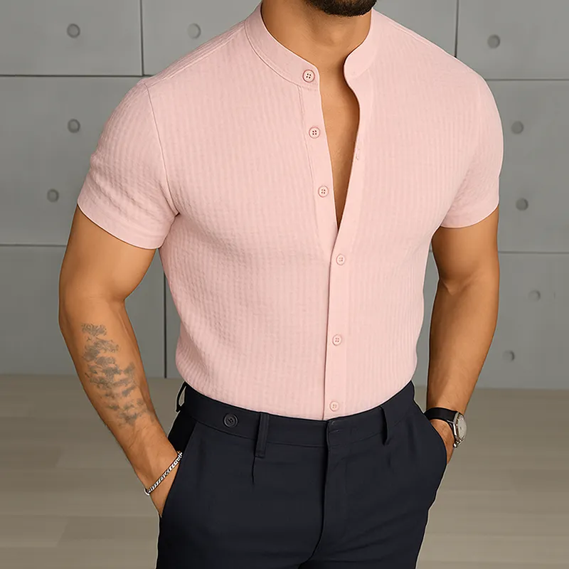 Men's Retro Casual Solid Color Waffle Stand Collar Short Sleeve Shirt MTA1082G1TO sold by Manly product image thumbnail 2