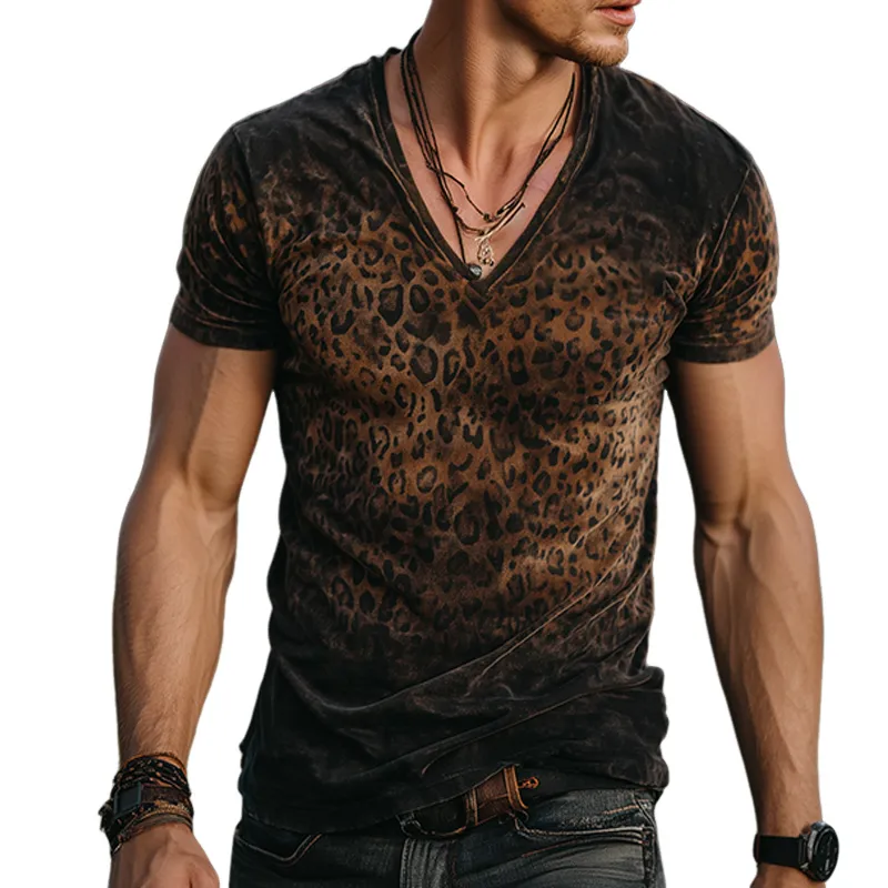 Men's Retro Casual Gradient Leopard Velvet V-neck Short Sleeve T-shirt MTA1072G3TO sold by Manly