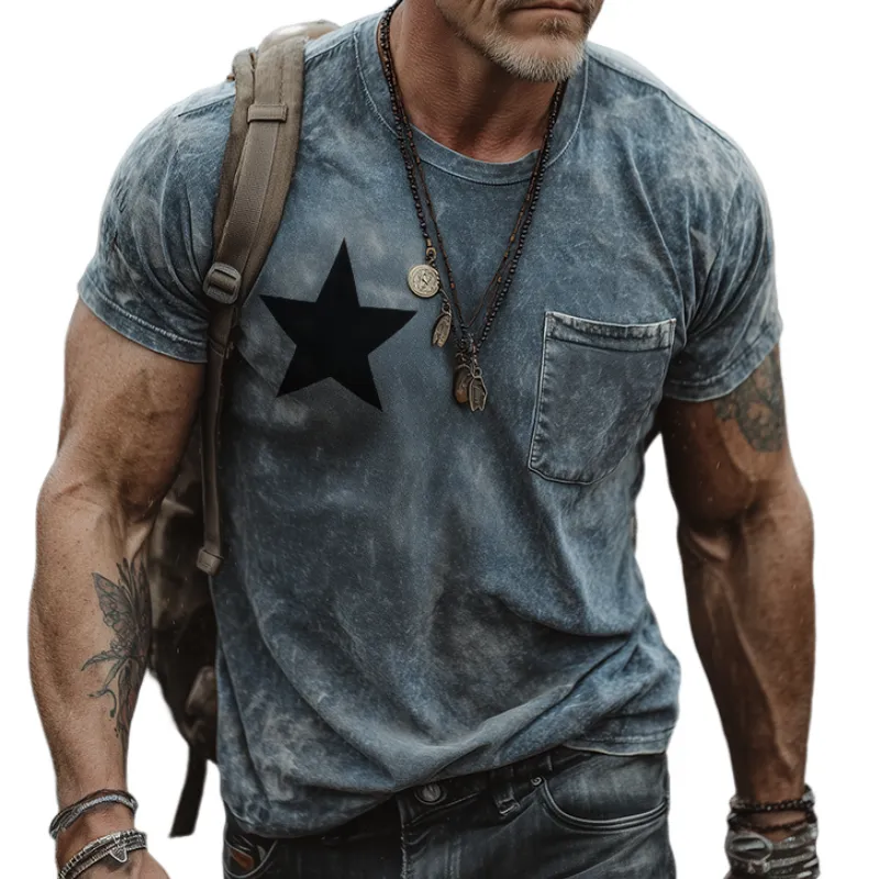 Men's Retro Casual Star Printed Round Neck Short Sleeve T-Shirt MTA1011G5TO sold by Manly