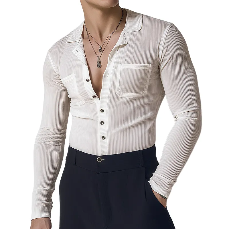 Men's Retro Casual Solid Color Double Pocket Lapel Long Sleeve Shirt MTA1045G9TO sold by Manly
