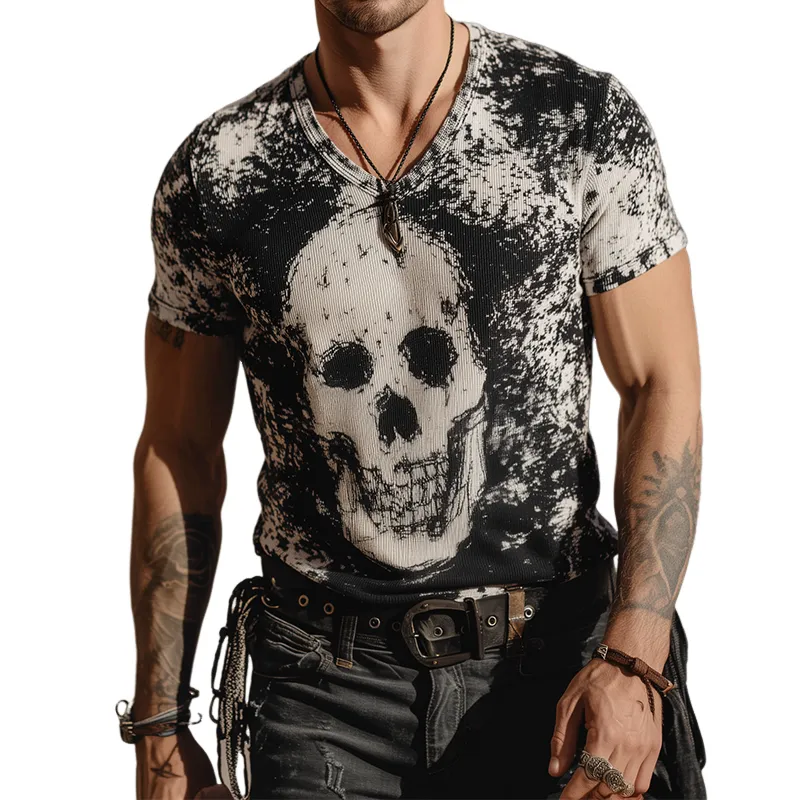 Men's Retro Casual Skull Print Round Neck Short Sleeve T-Shirt MTA1039G0TO sold by Manly