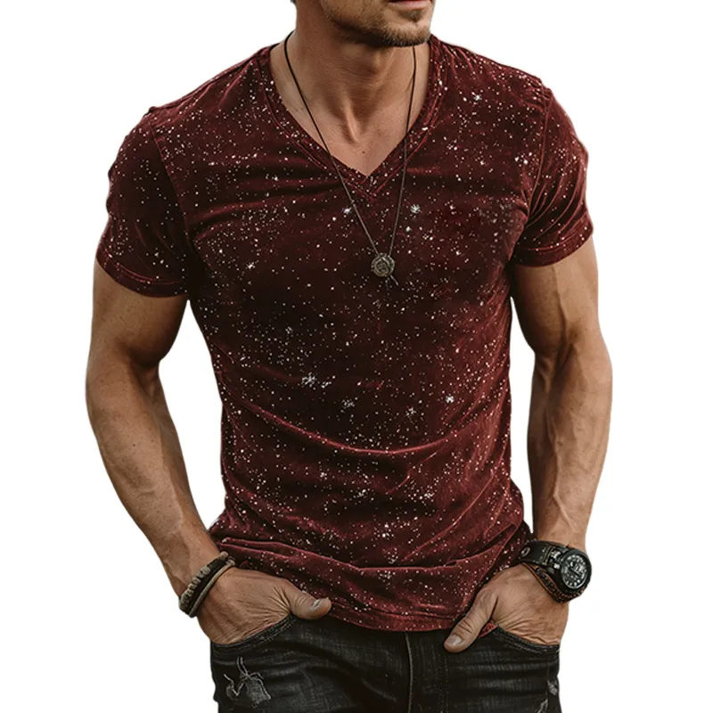 Men's Retro Casual Star Print Velvet V-Neck Short Sleeve T-Shirt MTA1078G1TO sold by Manly
