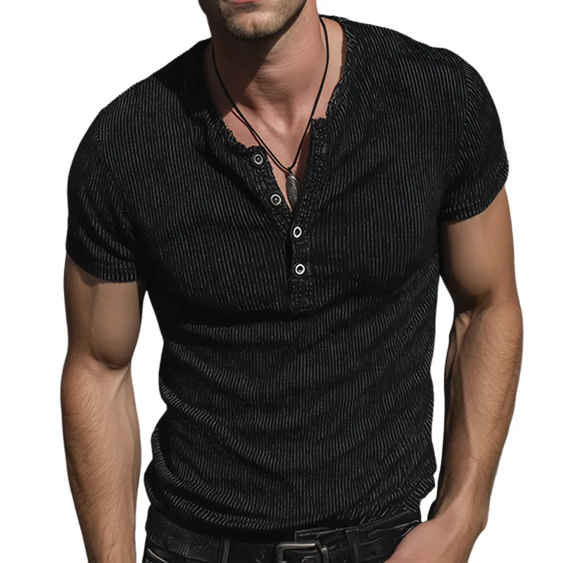 Men's Vintage Casual Striped Henley Short Sleeve T-Shirt MTA1087G0TO sold by Manly