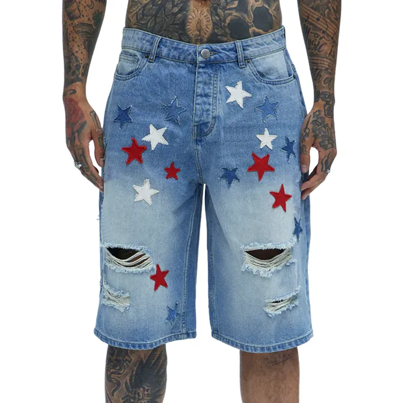 Men's Spring And Summer Fashion Casual Washed Denim Patch Five-pointed Star Decorated Ripped Shorts MTA0955G6K sold by Manly