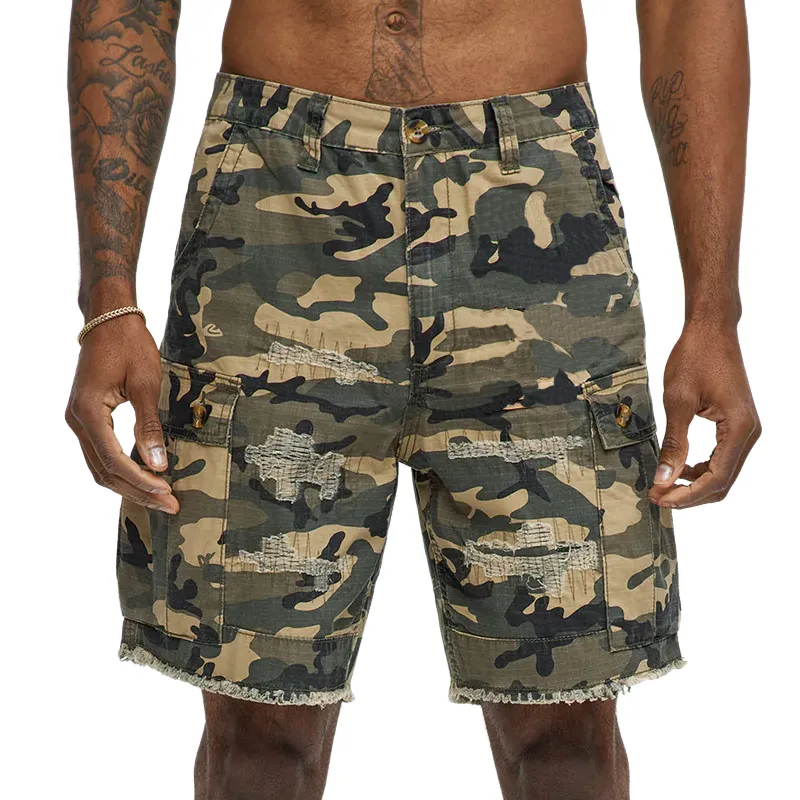 Men's Spring And Summer Classic Casual Camouflage Cotton Blended Raw Edge Multi-Pocket Cargo Shorts MTA0923G7K sold by Manly