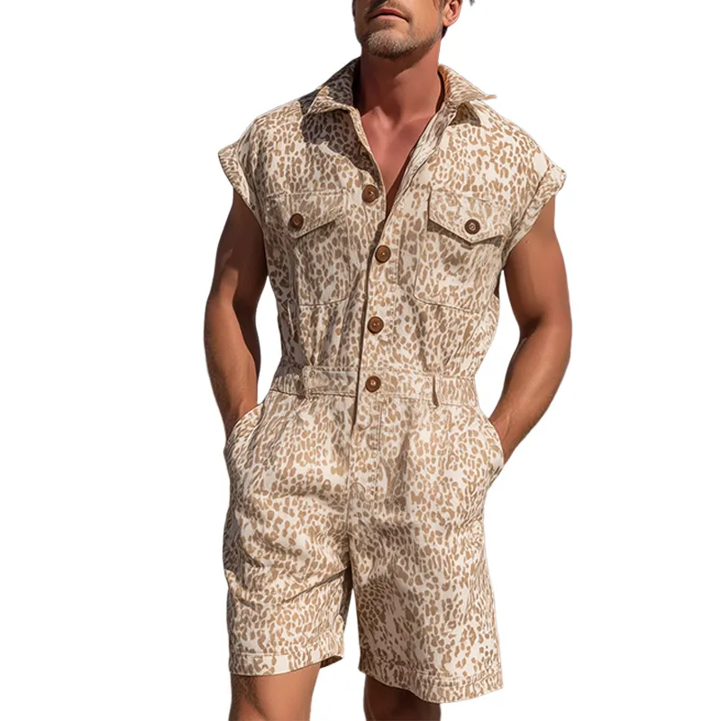 Men's Spring And Summer Fashion Casual Cotton Blended Printed Multi-Pocket Shirt-Style Jumpsuit MTA1046G3K sold by Manly