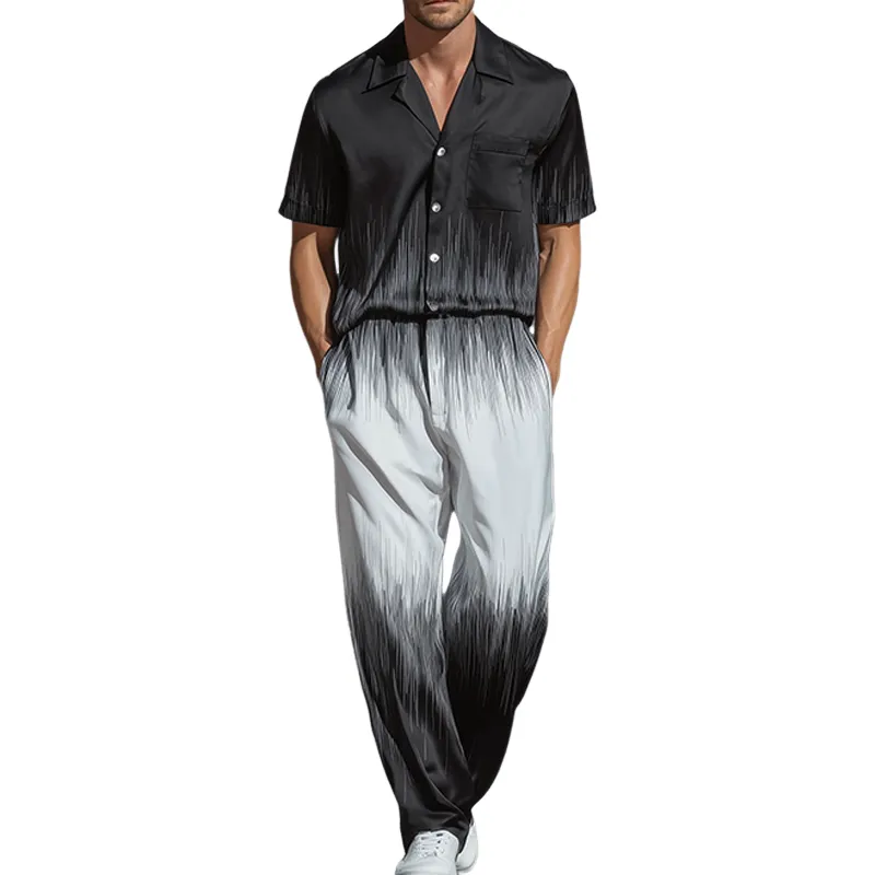 Men's Spring And Summer Fashion Casual Black And White Gradient Printed Satin Short Sleeve Shirt Pants Set MTA1077G0K sold by Manly