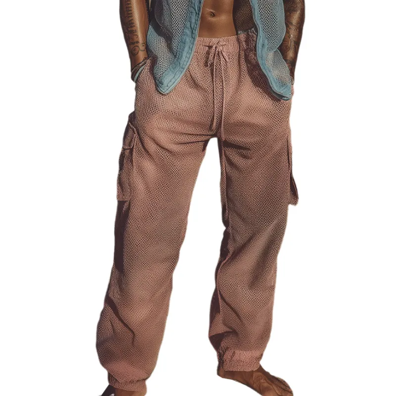 Men's Spring And Summer Fashion Casual Mesh Fabric With Lining Multi-Pocket Cuff Elastic Waist Pants MTA2042F8K sold by Manly