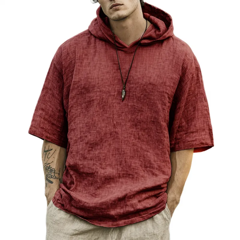 Men's Casual Breathable Solid Color Linen Loose Mid-sleeve Hoodie MTA1098G2M sold by Manly