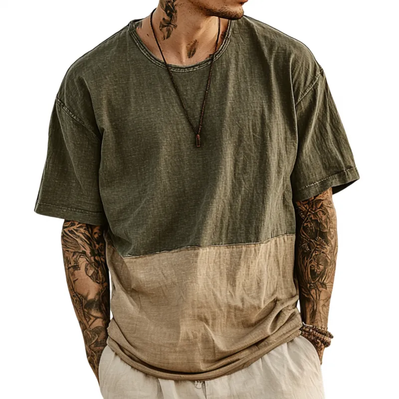 Men's Casual Outdoor Colorblock Patchwork Cotton Washed Distressed Round Neck Loose Short-sleeved T-shirt MTA1092G4M sold by Manly