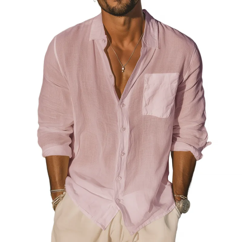 Men's Casual Solid Color Breathable Linen Lapel Patch Pocket Loose Long Sleeve Shirt MTA1096G3M sold by Manly