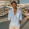 Men's Casual Solid Color Breathable Linen Lapel Patch Pocket Loose Long Sleeve Shirt MTA1096G3M sold by Manly