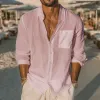 Men's Casual Solid Color Breathable Linen Lapel Patch Pocket Loose Long Sleeve Shirt MTA1096G3M sold by Manly