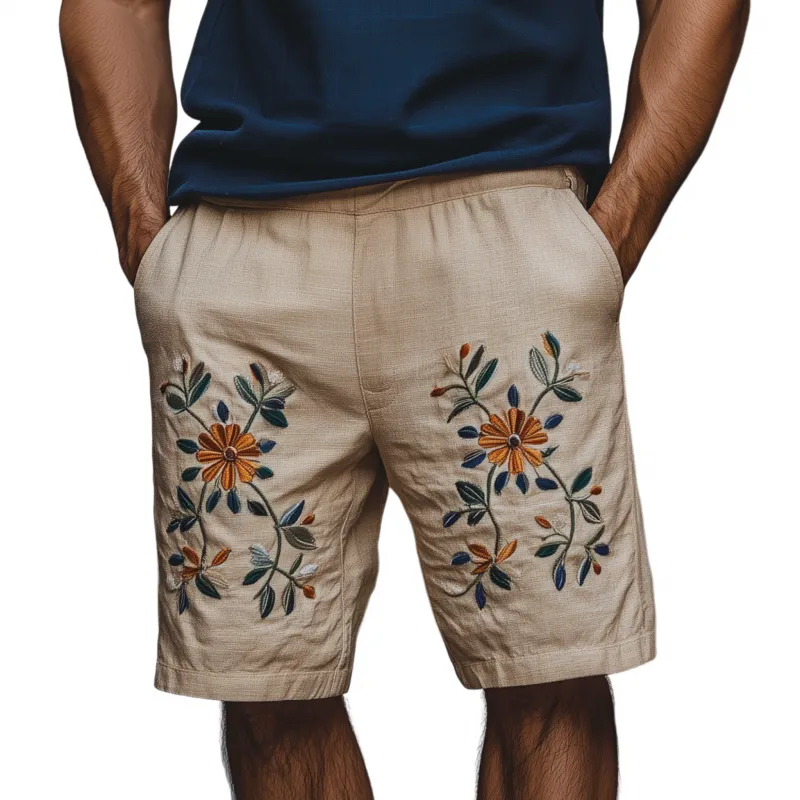 Men's Vintage Elegant Flower Embroidery Breathable Linen Straight Resort Shorts MTA0895G1M sold by Manly
