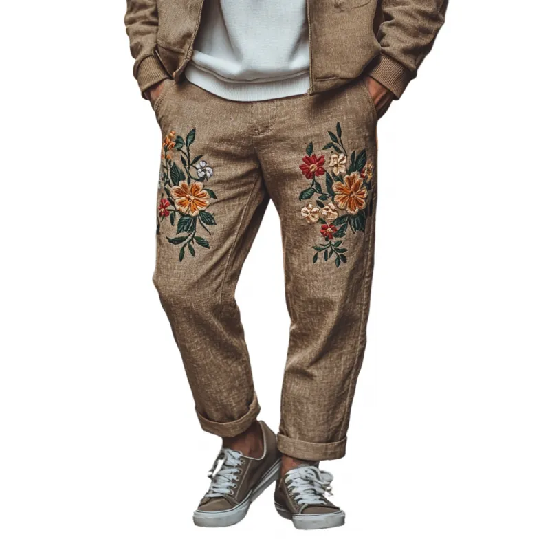 Men's Vintage Elegant Flower Embroidery Breathable Linen Straight Pants MTA0863G5M sold by Manly