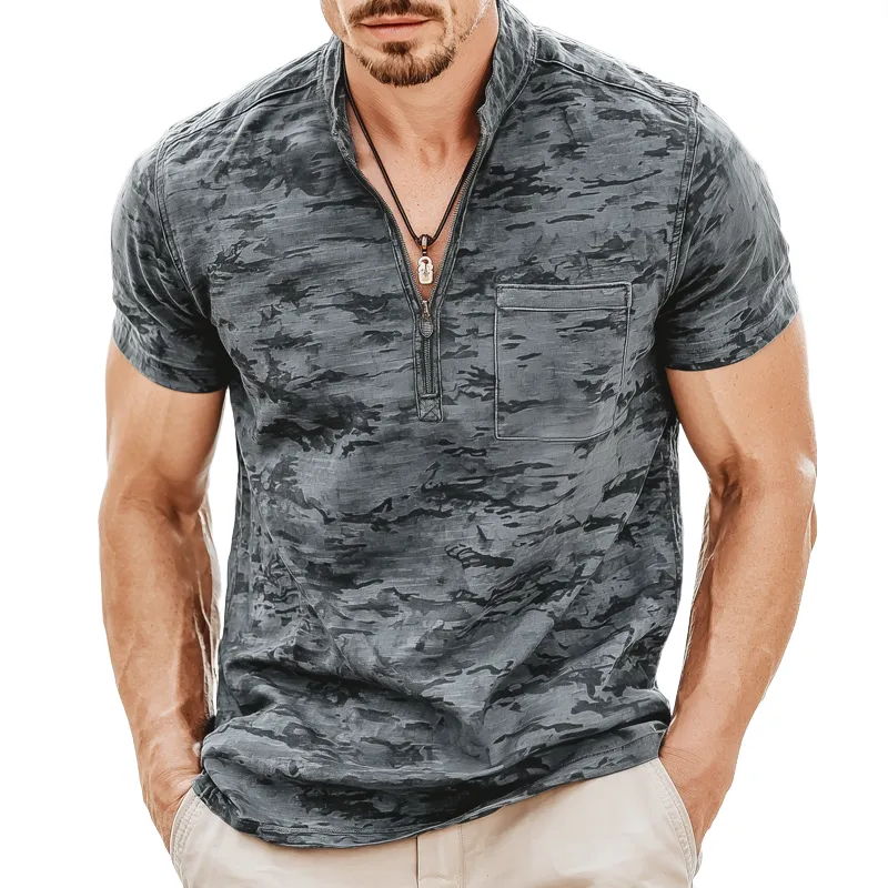 Men's Classic Camouflage Print Half Zip Stand Collar Short Sleeve T-Shirt MTA1004G0U sold by Manly