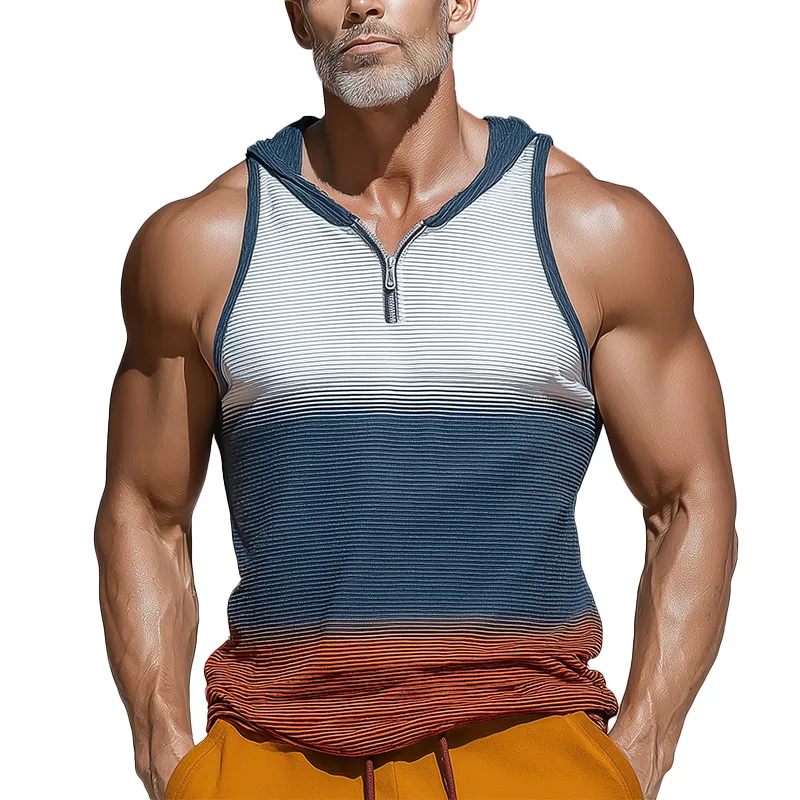 Men's Summer Fashion Striped Gradient Printed Cotton Blended Hooded Tank Top MTA1008G1P sold by Manly