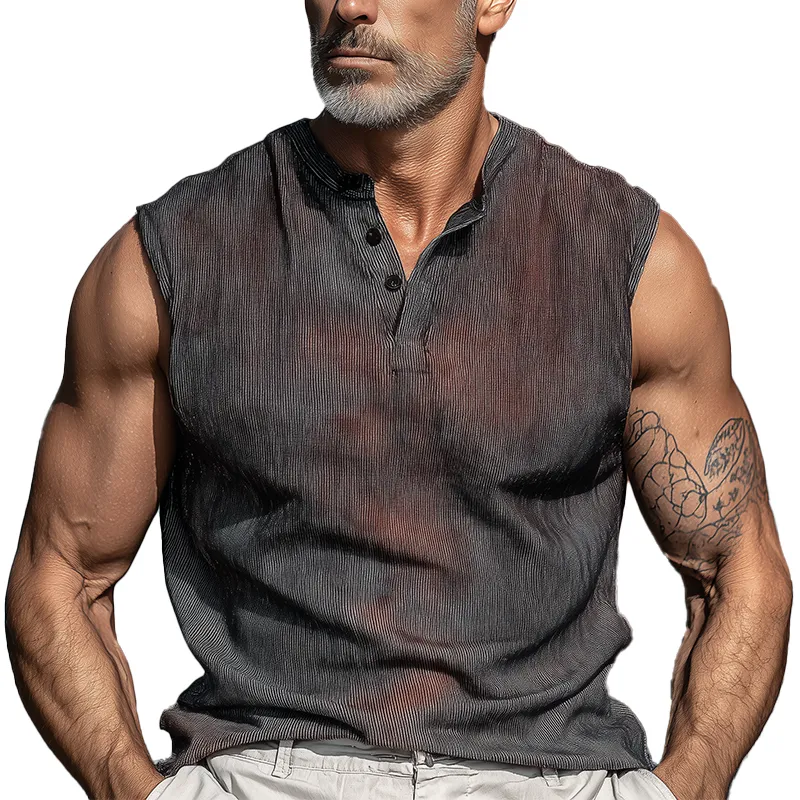 Men's Summer Retro Gradient Print Cotton Blend Henley Collar Tank Top MTA1075G6P sold by Manly