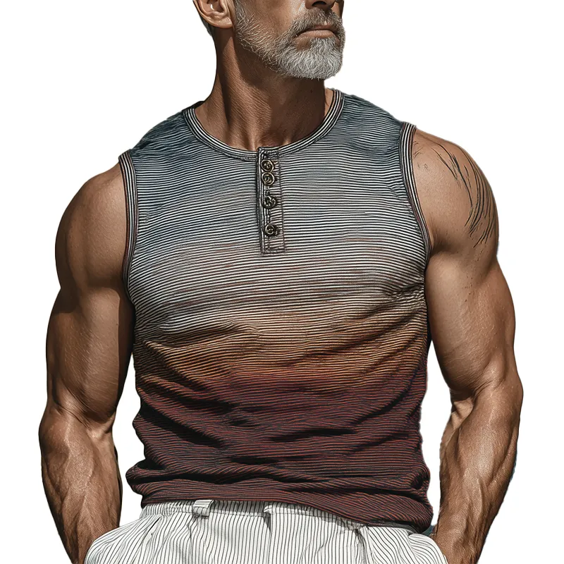 Men's Summer Retro Gradient Print Cotton Blend Henley Collar Tank Top MTA1092G4P sold by Manly