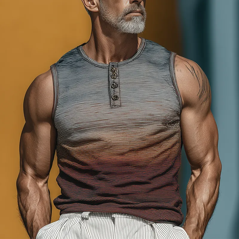 Men's Summer Retro Gradient Print Cotton Blend Henley Collar Tank Top MTA1092G4P sold by Manly product image thumbnail 2