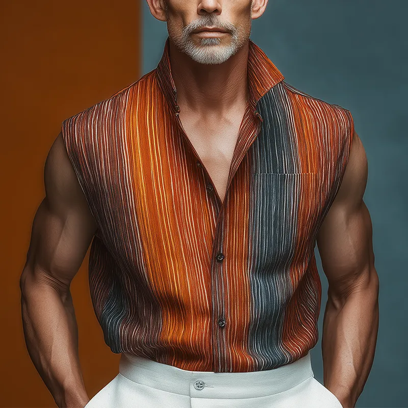 Men's Summer Retro Gradient Stripe Print Cotton Blend Sleeveless Shirt MTA1052G8P sold by Manly product image thumbnail 2