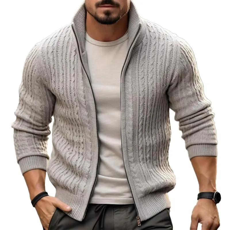 Men's Casual Solid Color Cable Tie Stand Collar Zipper Knitted Cardigan 19857575M sold by Manly