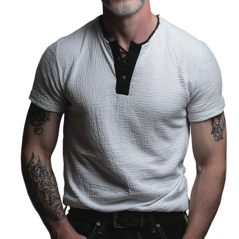 Men's Retro Casual Colorblock Henley Short Sleeve T-Shirt MTA1427G2TO sold by Manly