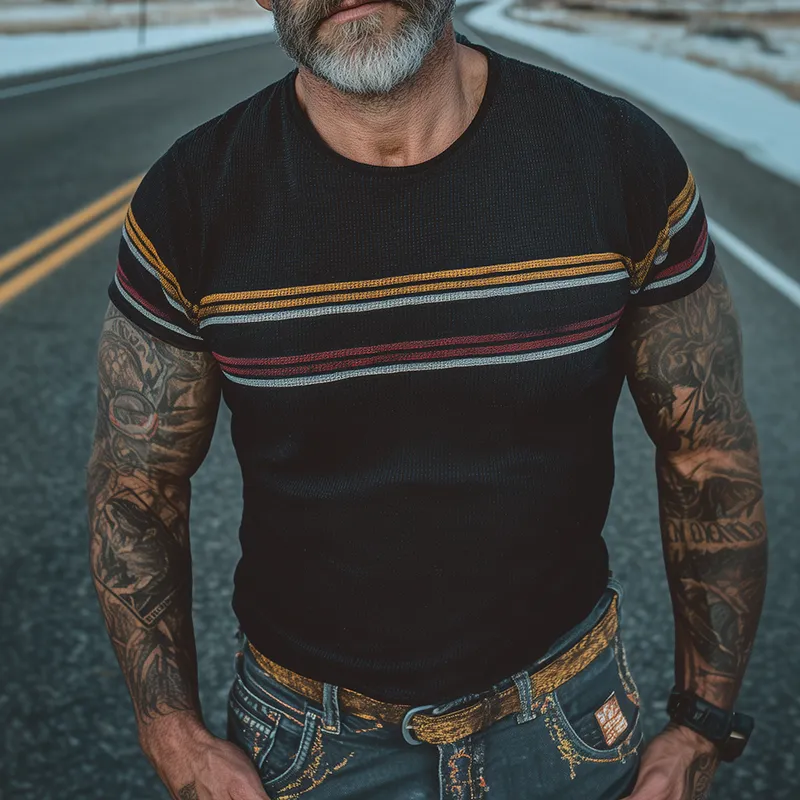 Men's Retro Casual Striped Printed Colorblocked Round Neck Short Sleeve T-Shirt MTA1433G1TO sold by Manly product image thumbnail 2