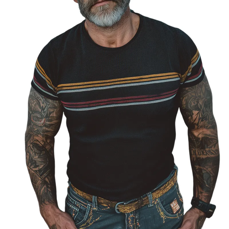 Men's Retro Casual Striped Printed Colorblocked Round Neck Short Sleeve T-Shirt MTA1433G1TO sold by Manly