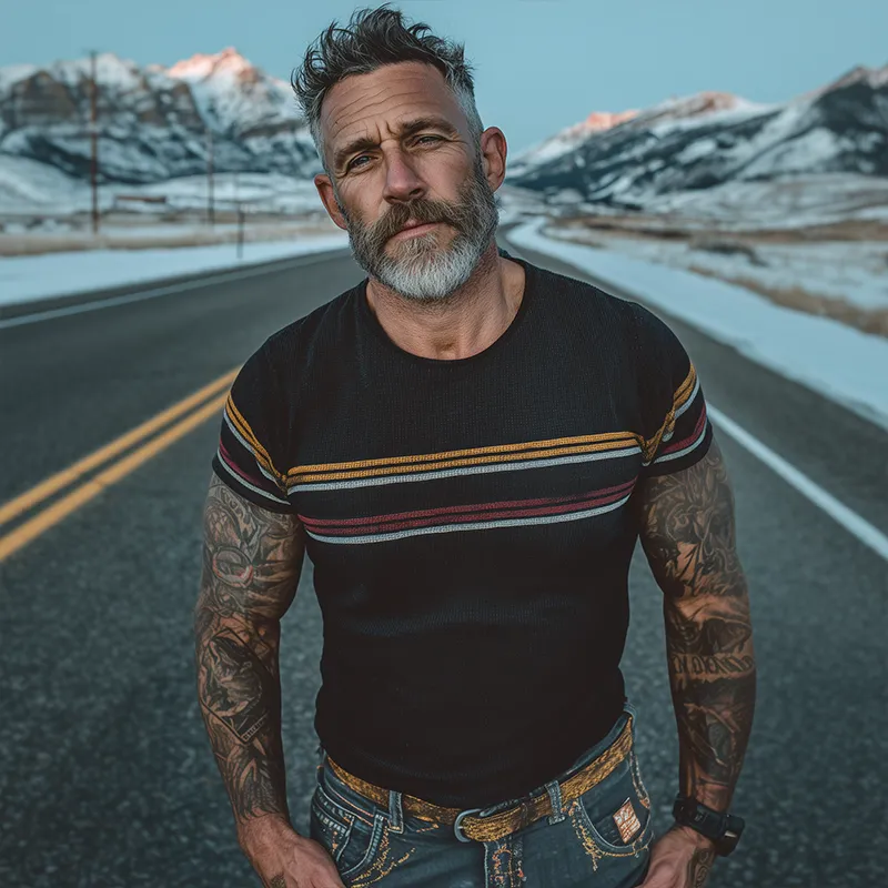 Men's Retro Casual Striped Printed Colorblocked Round Neck Short Sleeve T-Shirt MTA1433G1TO sold by Manly product image thumbnail 3