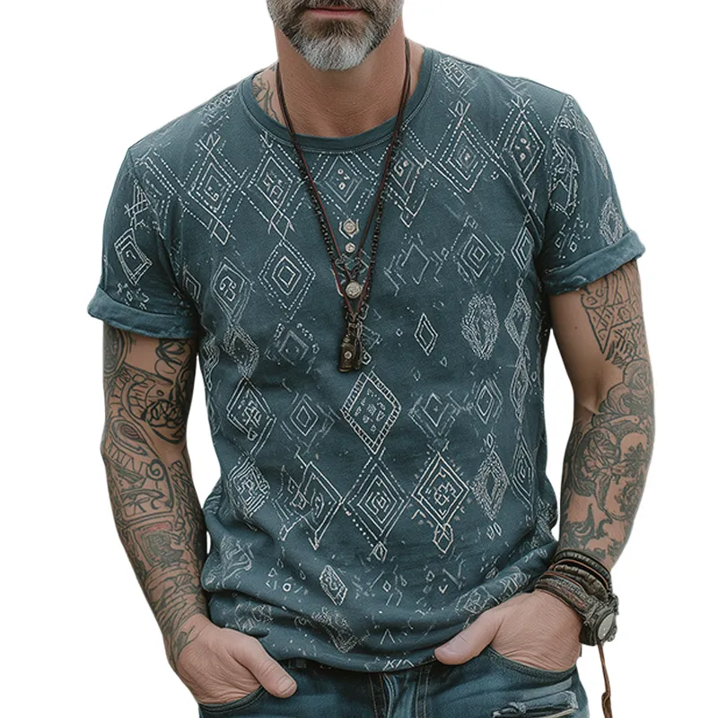 Men's Retro Casual Ethnic Style Diamond Printed Round Neck Short Sleeve T-shirt MTA1480G2TO sold by Manly
