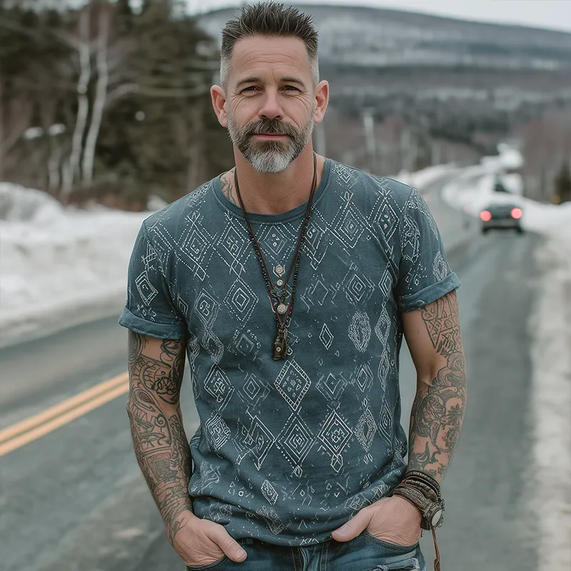 Men's Retro Casual Ethnic Style Diamond Printed Round Neck Short Sleeve T-shirt MTA1480G2TO sold by Manly product image thumbnail 3