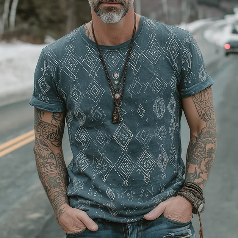 Men's Retro Casual Ethnic Style Diamond Printed Round Neck Short Sleeve T-shirt MTA1480G2TO sold by Manly product image thumbnail 2